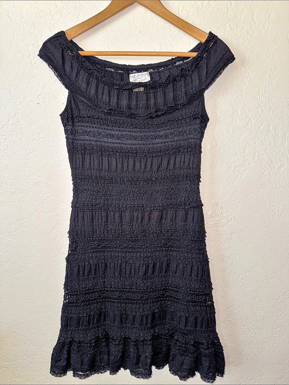 M.S.S.P. Y2K Smocked Lace Mini Dress Sleeveless Black Size XS Fairy - Boho